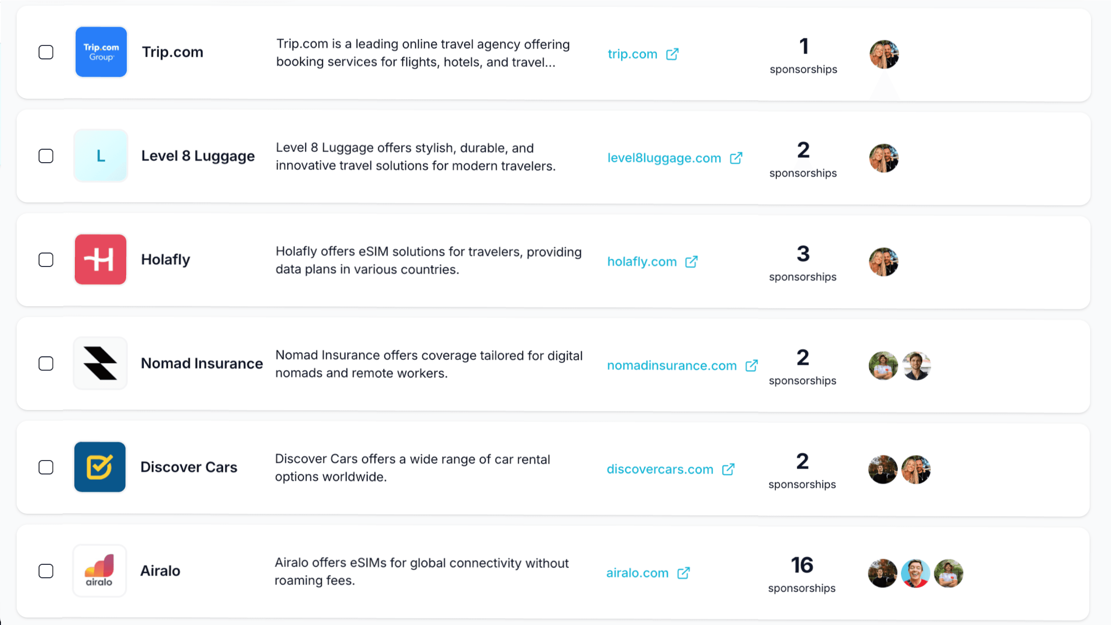 Interface showing sponsor matches and brand selection